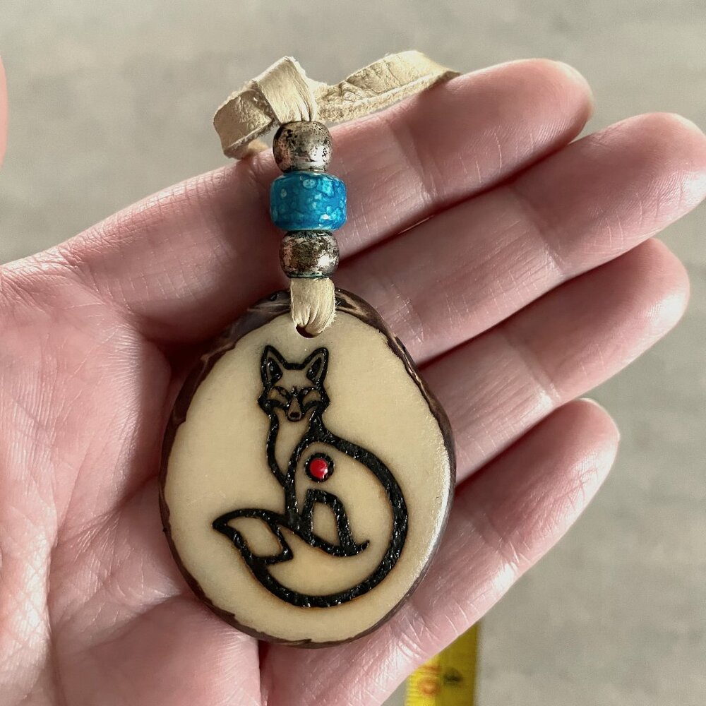 Red Fox Tagua Nut pendant necklace turquoise leather wild free spirit unisex